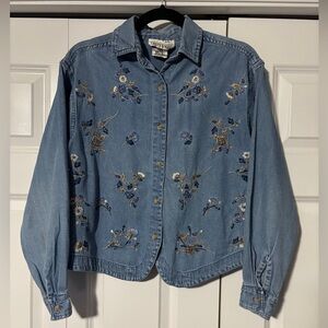 Vintage 80s Embroidered Light Wash Denim Shirt Shirt - Blue Floral